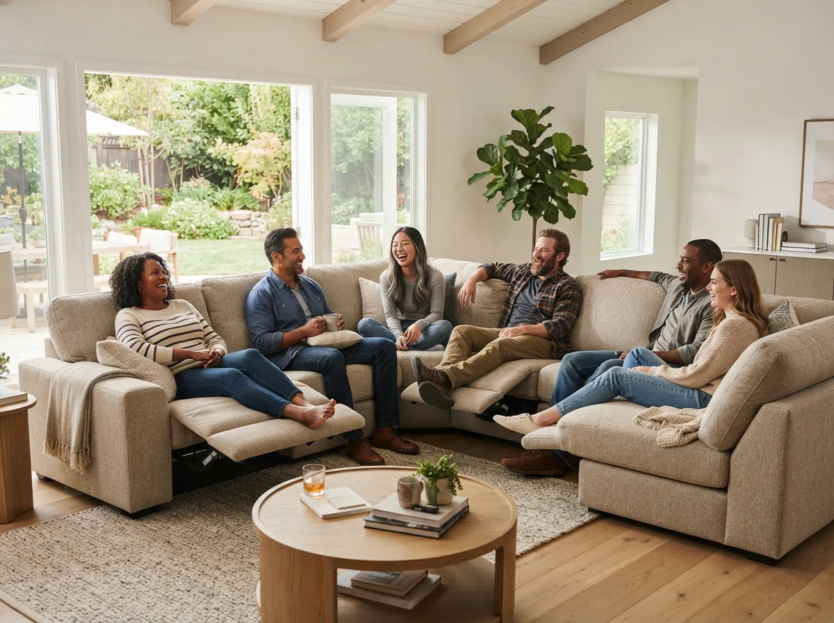Customers enjoying the comfort and features of Gilman Creek reclining sectionals in home settings.