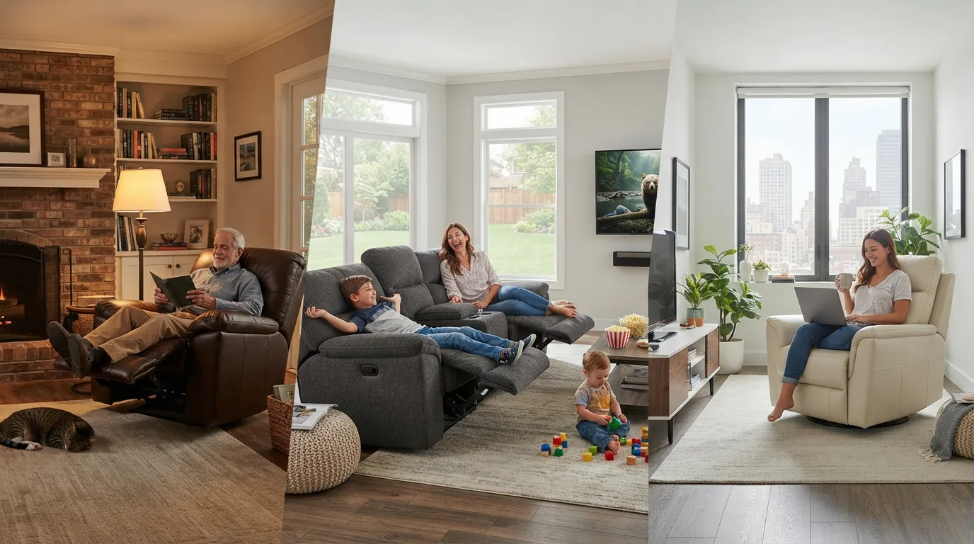 Diverse home settings showing Gilman Creek recliners in use