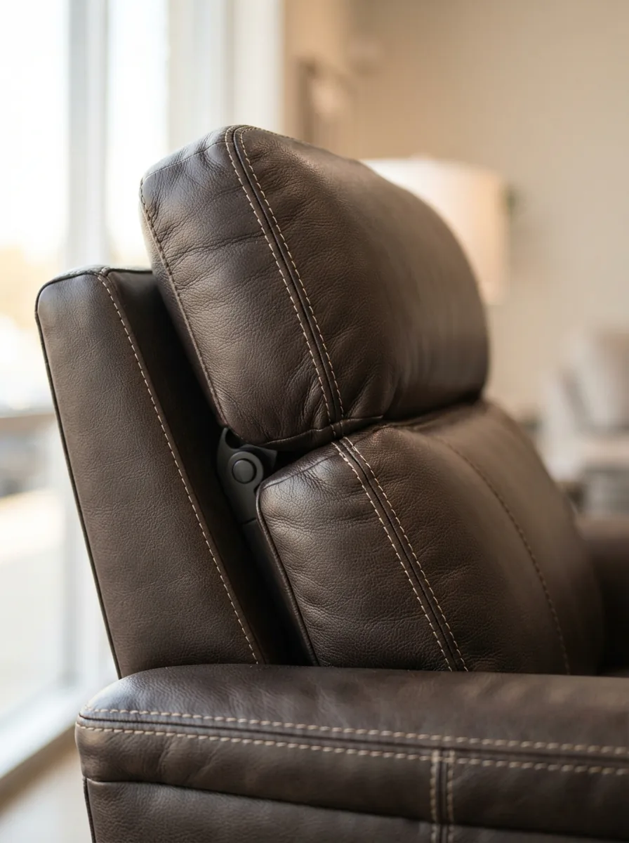 Sanders leather power recliner with adjustable headrest feature