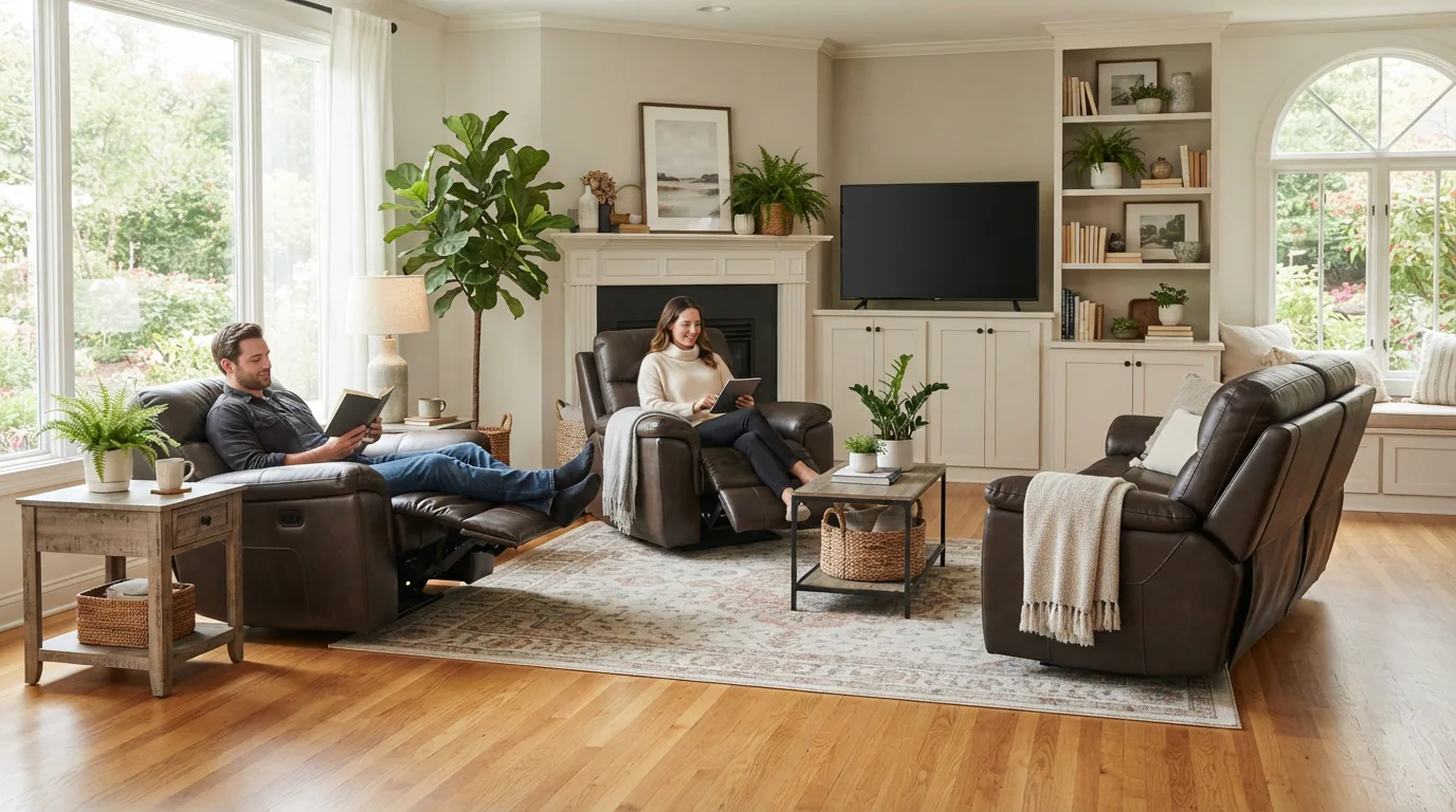 Multiple living space scenes featuring Gilman Creek Sanders recliner in different home settings