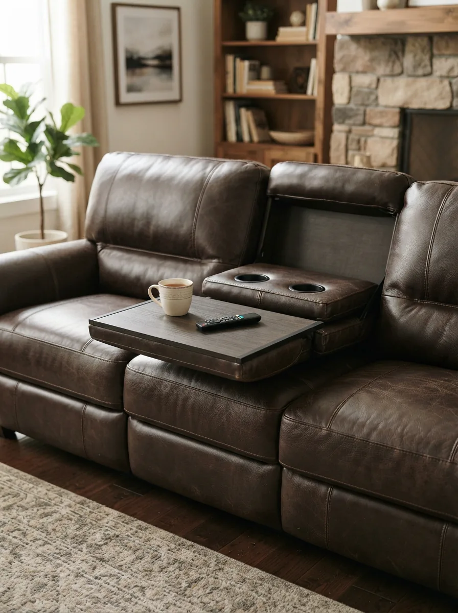 A 4-piece Gilman Creek sectional with a drop-down table in use in a family room.