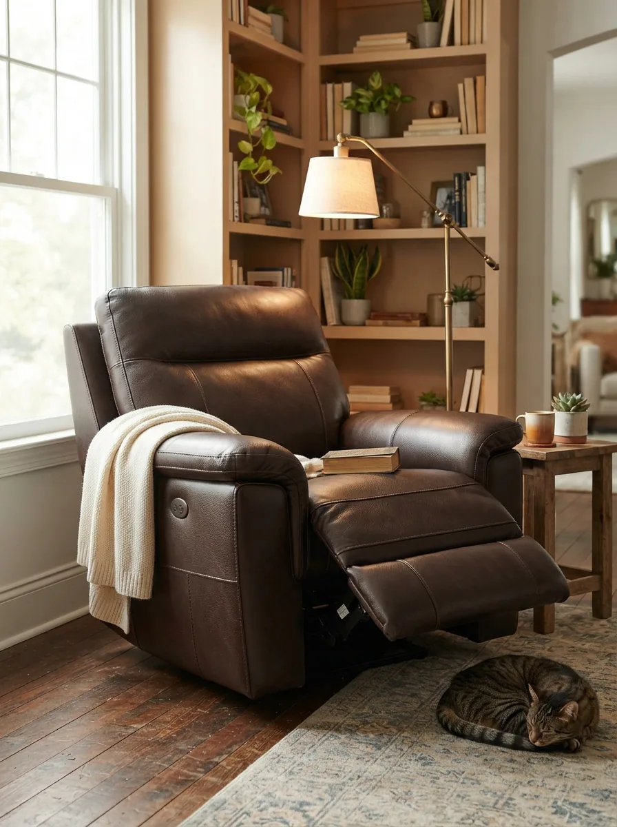 Gilman Creek Power Recliner Chair positioned in a reading corner of a living room.