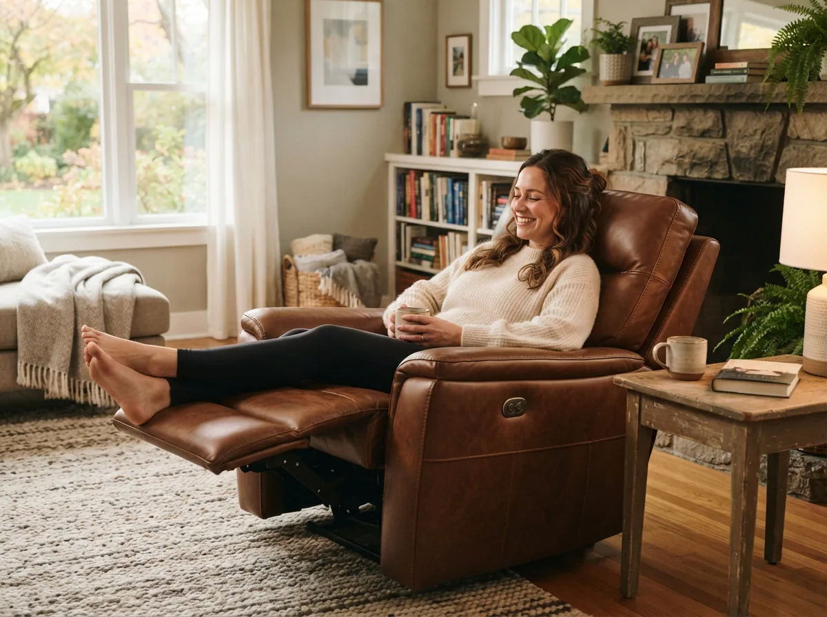 Happy customer enjoying a Gilman Creek recliner in their home.