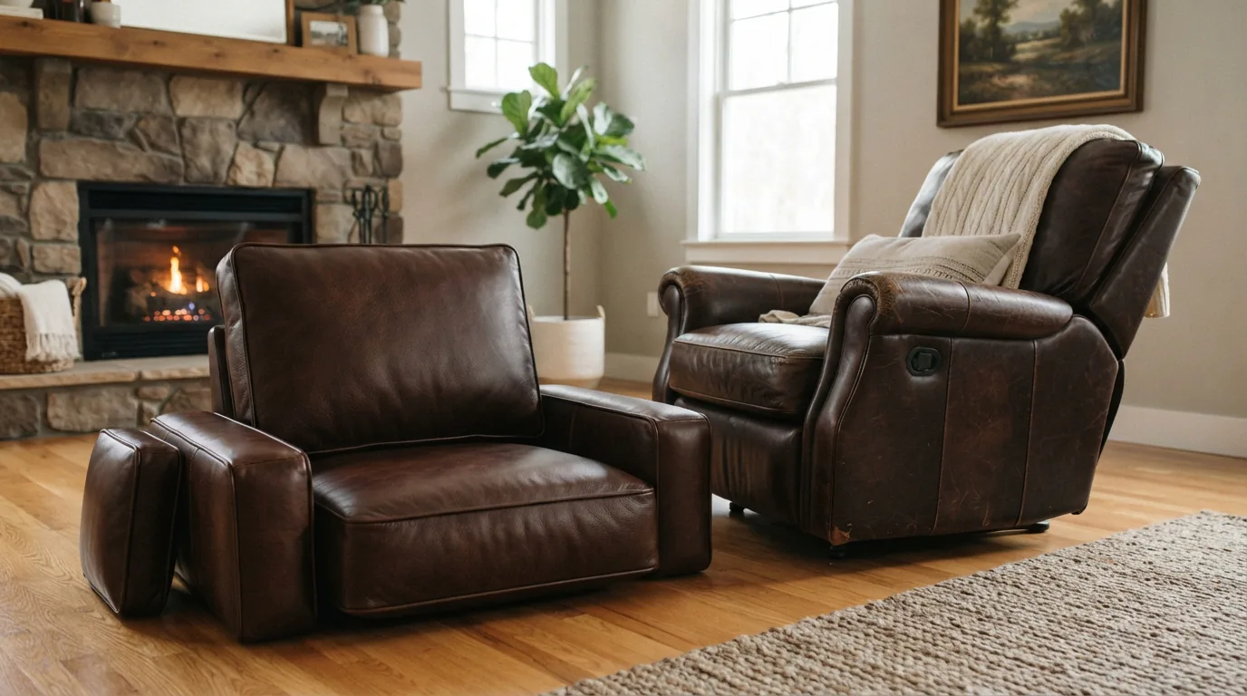 Replacement leather cushion set displayed next to a recliner