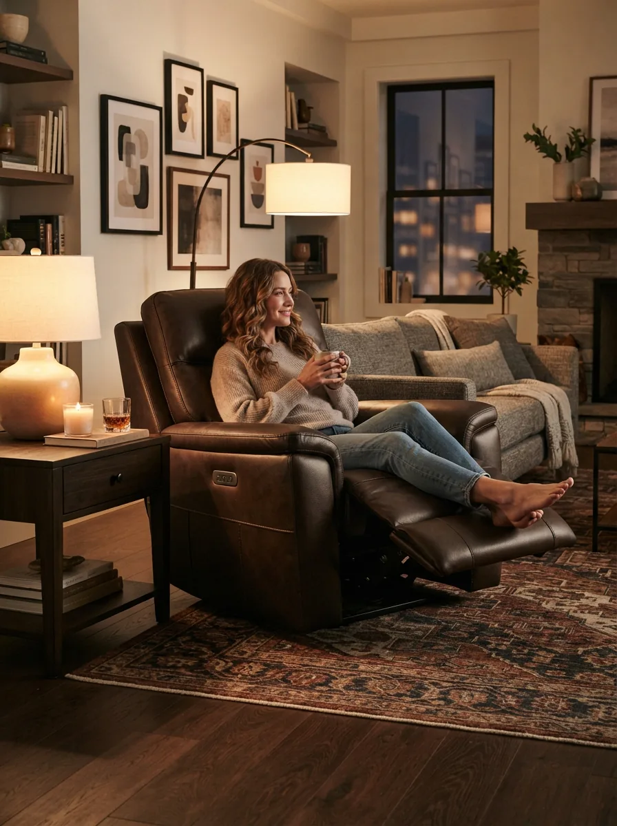Gilman Creek leather recliner showcased in a well-lit, contemporary living room