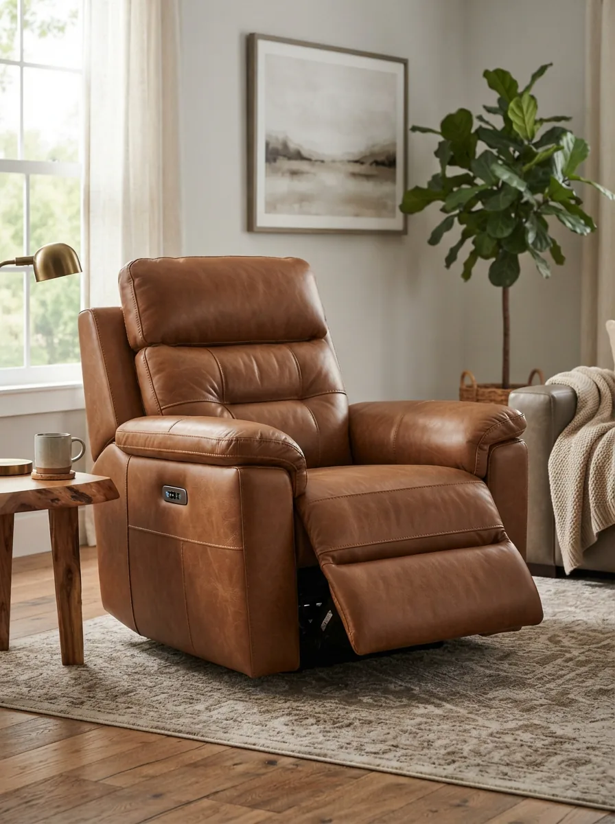 Canmore leather power recliner in a neutral-toned living space