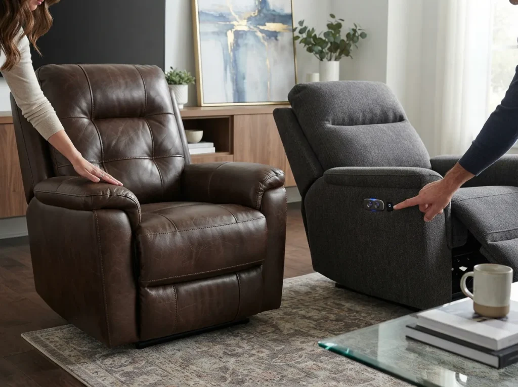 Side-by-side display of leather texture and power recliner controls in a home setting