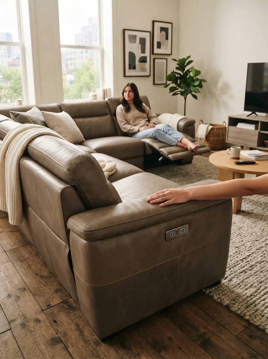 A spacious living room featuring a Gilman Creek leather reclining sectional with power controls and plush cushions.