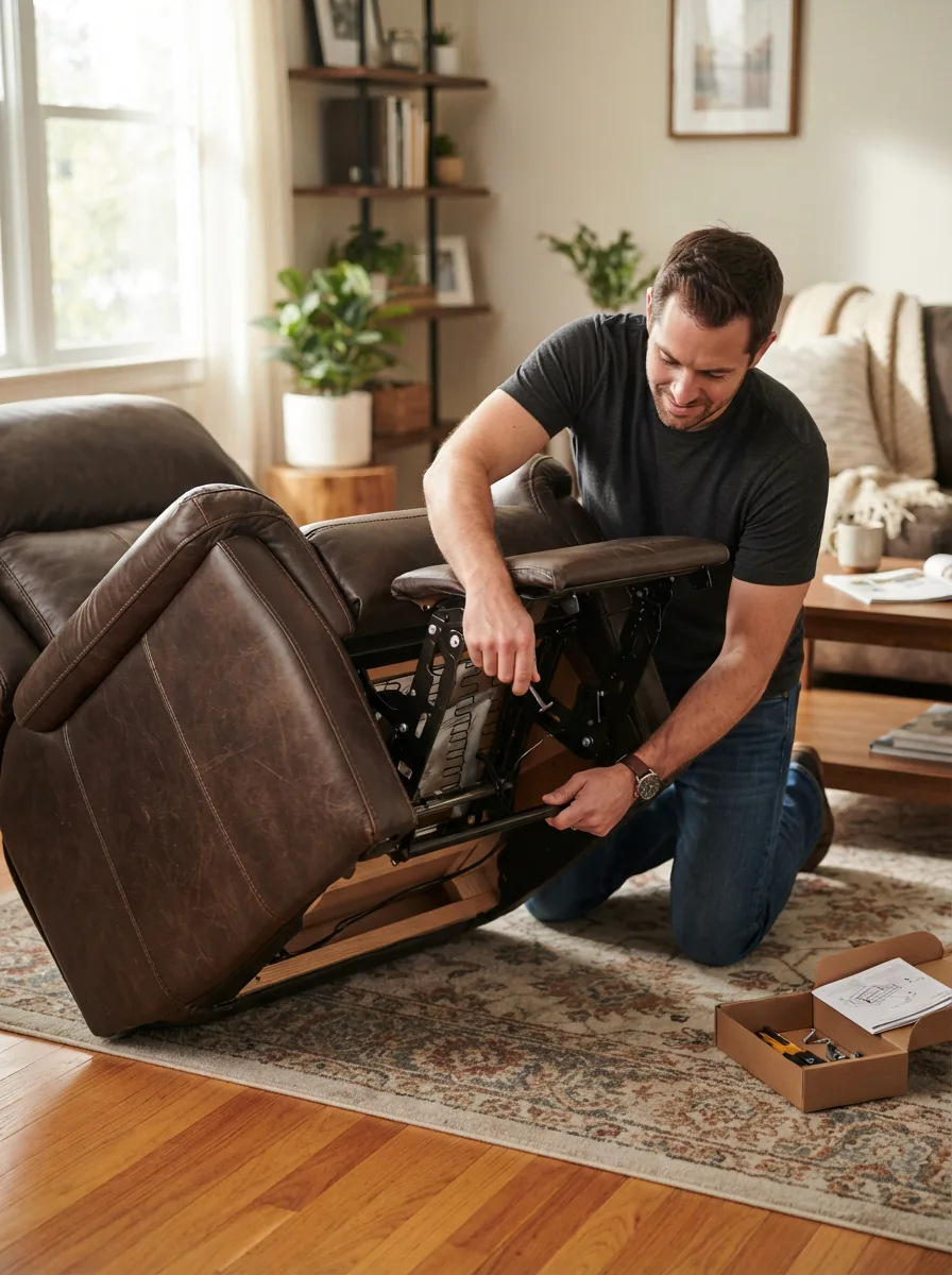A close-up of a Gilman Creek leather recliner with a replacement part being installed