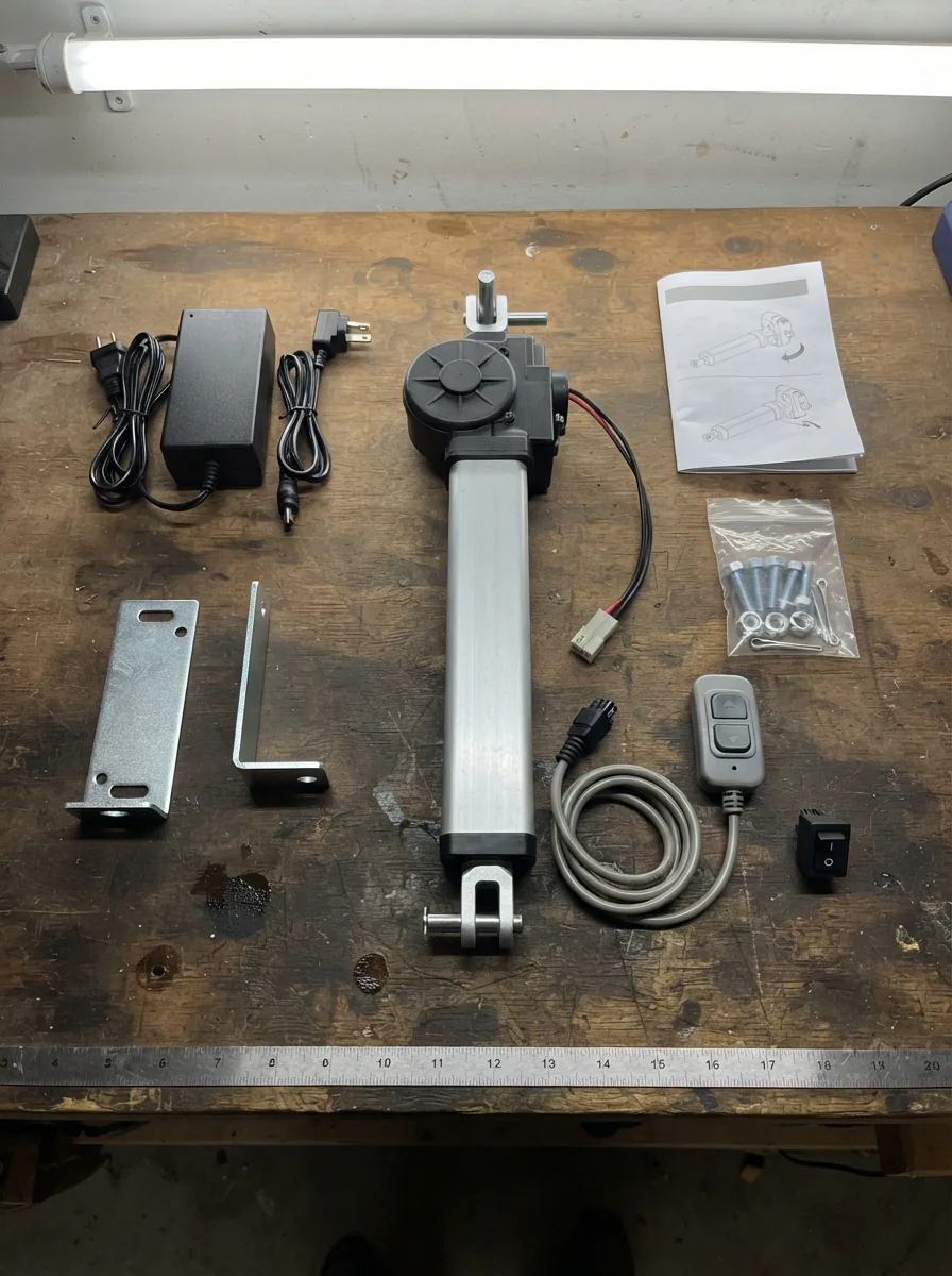 Gilman Creek replacement power motor kit components on a workbench.