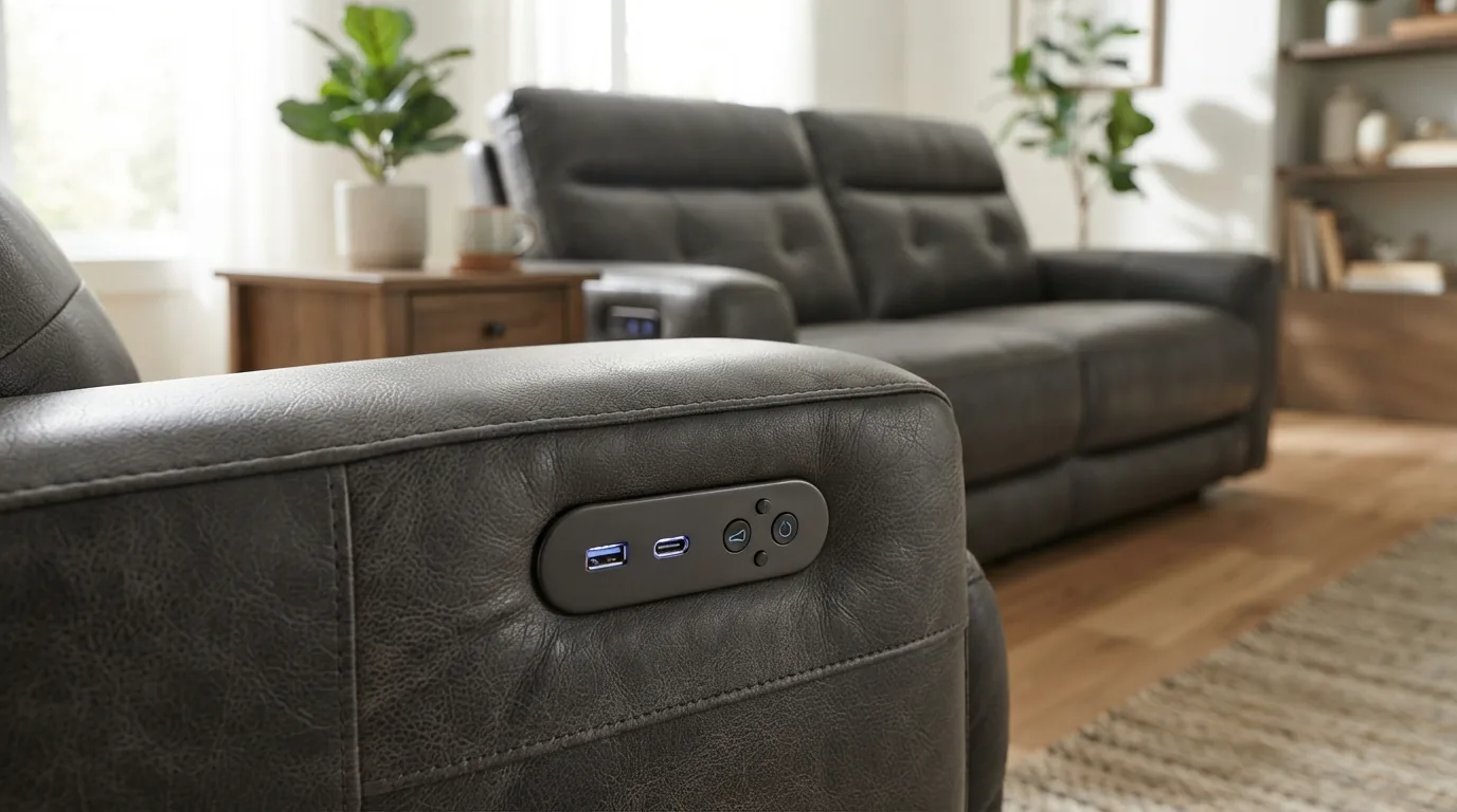 Gilman Creek Reclining Sectional showing USB charging ports integrated into the armrests.