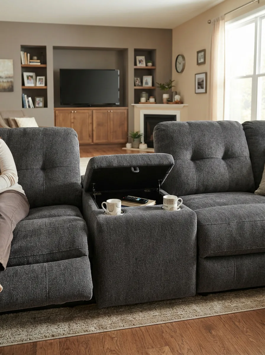 Gilman Creek Reclining Sectional with visible storage console and cup holders.