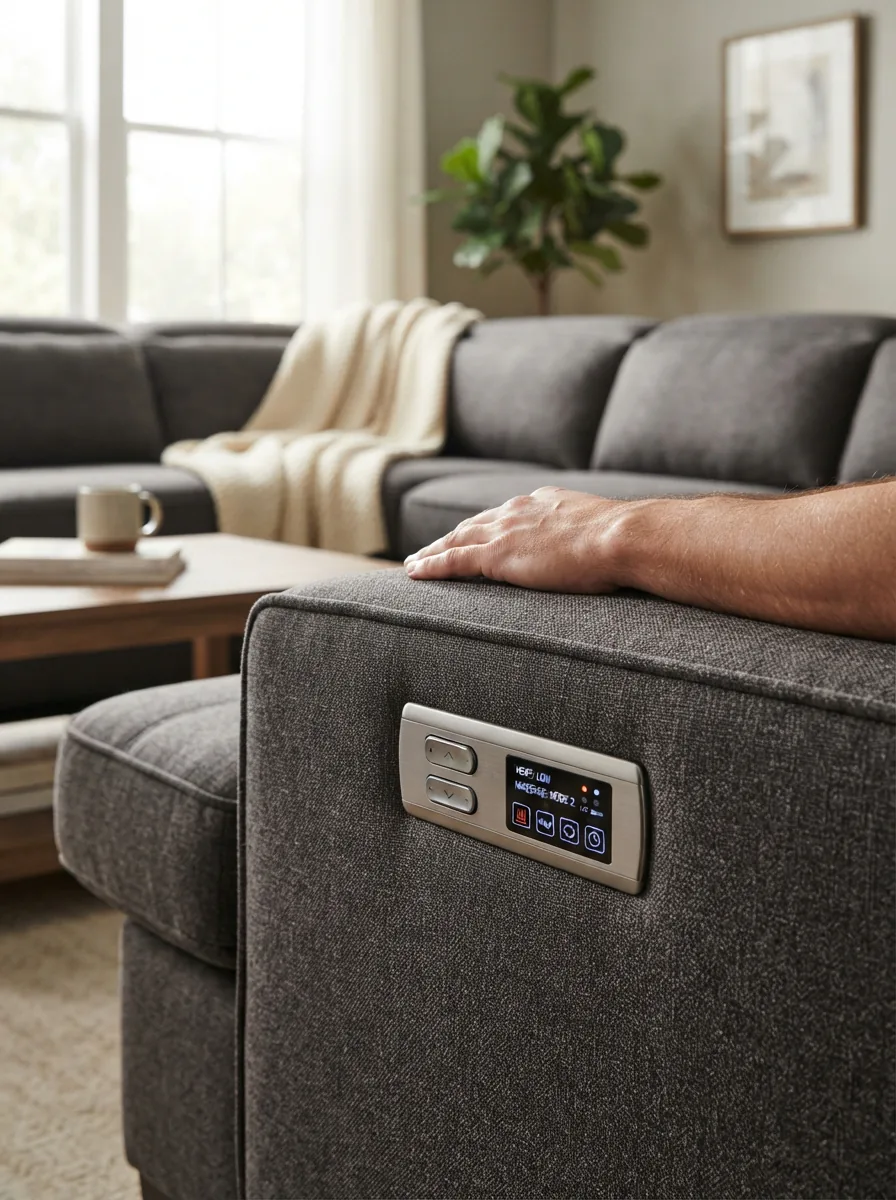Gilman Creek Power Reclining Sectional highlighting heat and massage features on recliner seats.