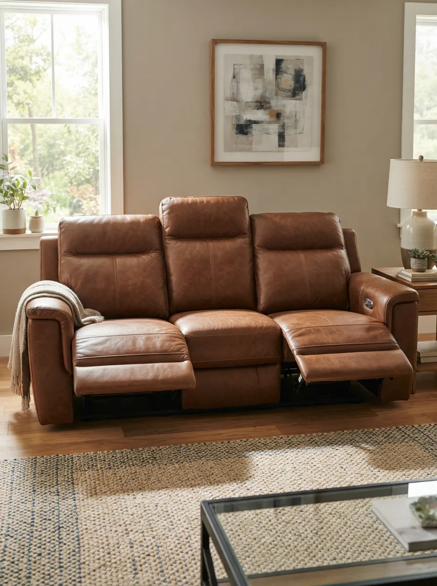 Gilman Creek leather power recliner sofa with reclined seats.