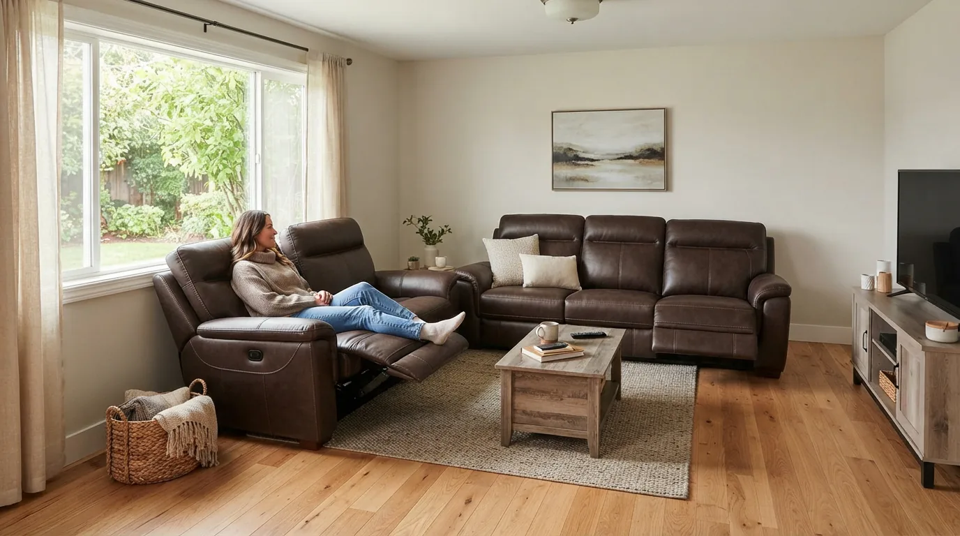 Gilman Creek Compact Reclining Sectional in a small, efficiently arranged living room.