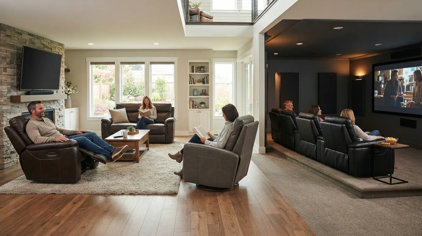 Diverse home settings featuring Gilman Creek recliners for different uses.