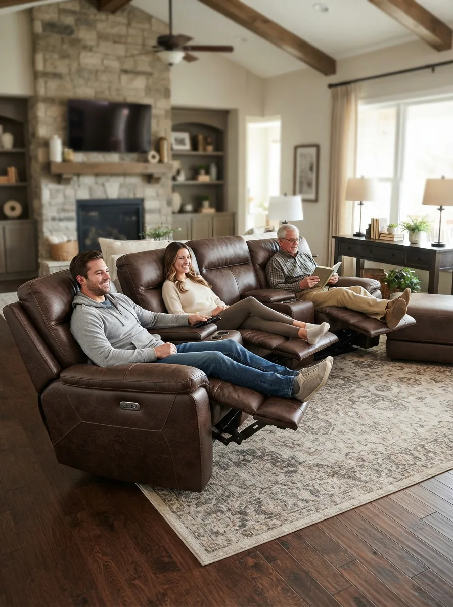 Ridge leather reclining sectional in a spacious family room