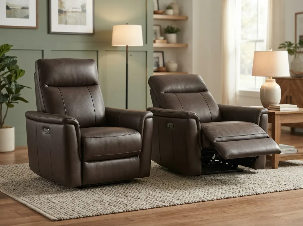 Side-by-side comparison of power recliner features in a modern living room
