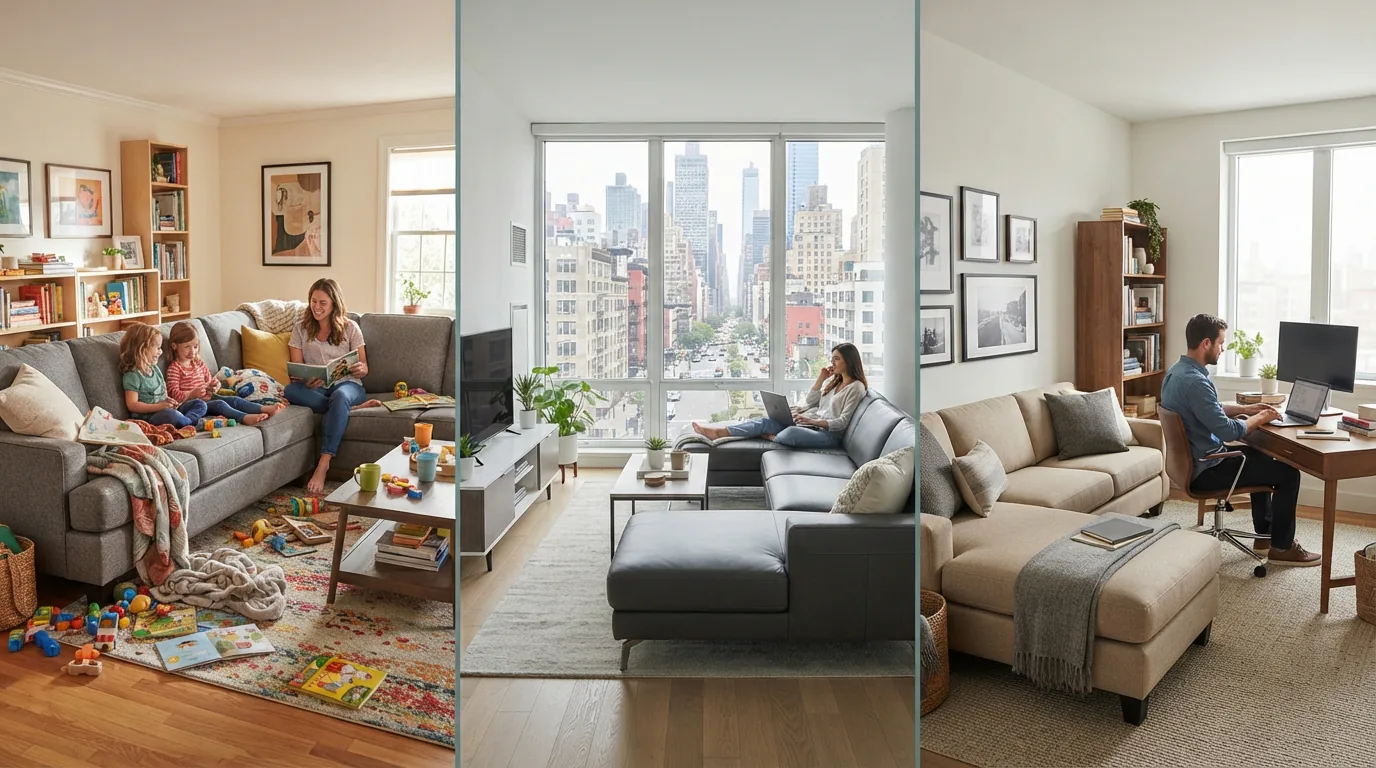 A montage of Gilman Creek sectionals in different home environments: family room, apartment, and home office.