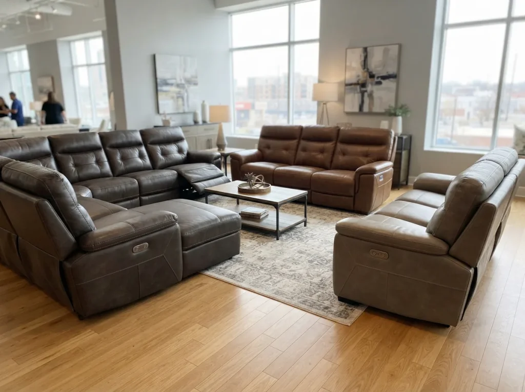 A side-by-side comparison of different Gilman Creek reclining sectional configurations in a living room setting.