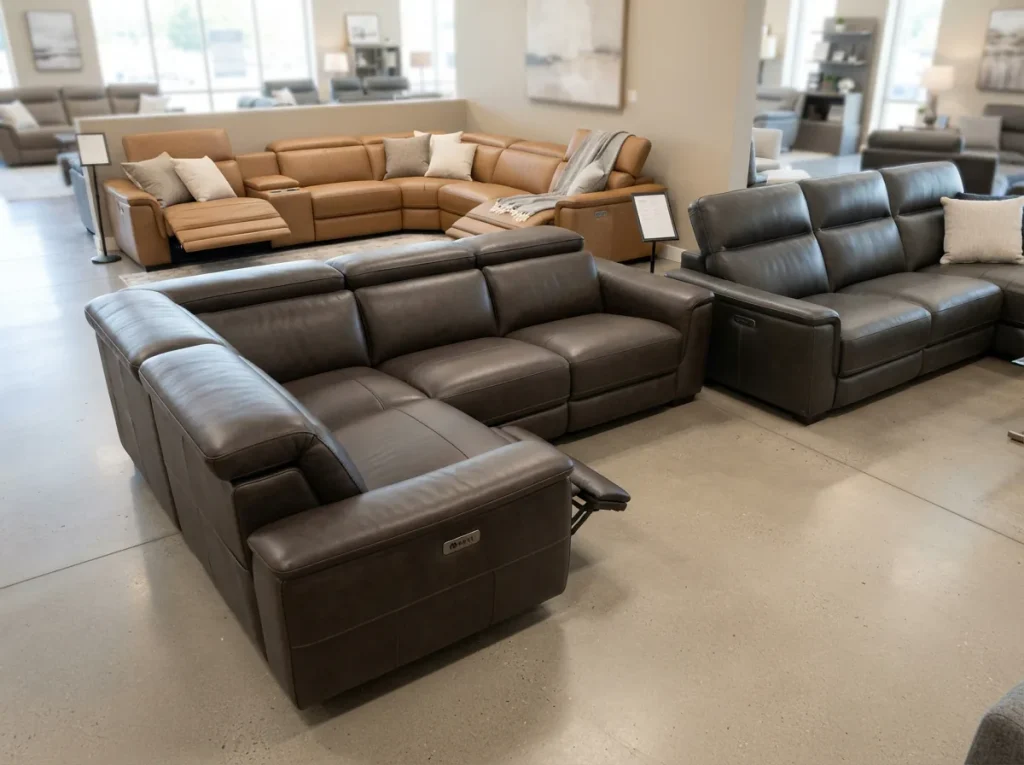 Gilman Creek power reclining sectionals displayed in a well-lit showroom, highlighting leather textures and control panels.