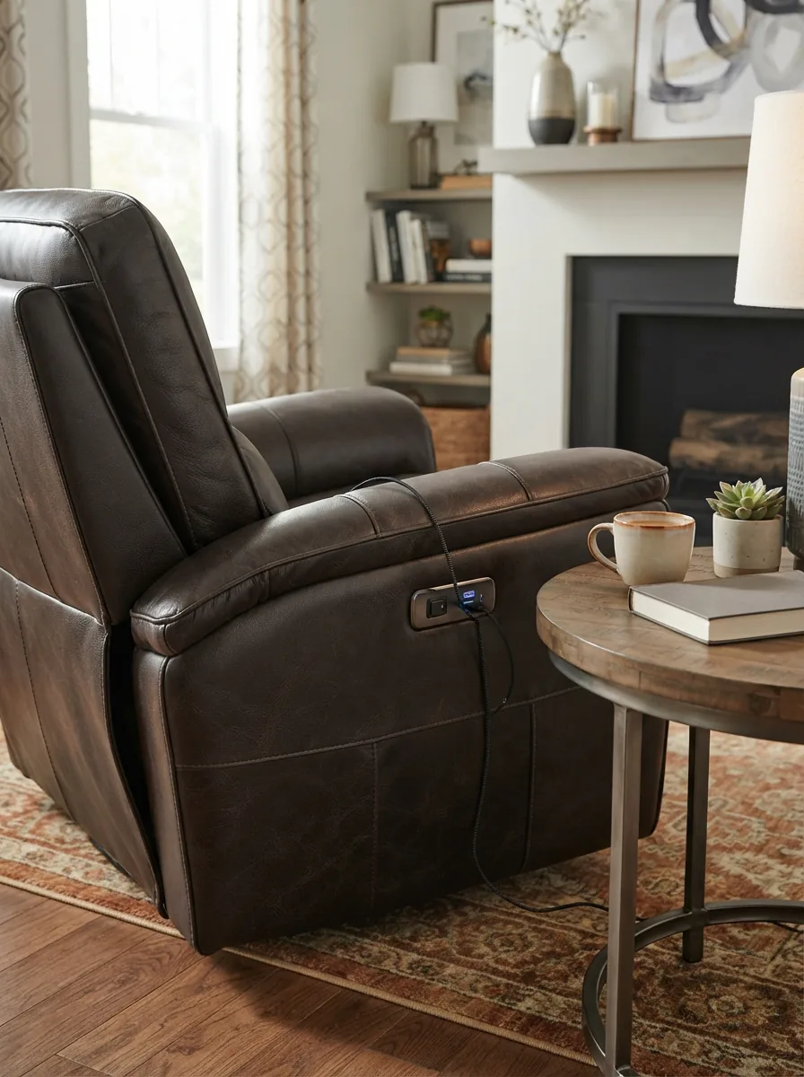Brookfield leather power recliner showing USB ports in a home office