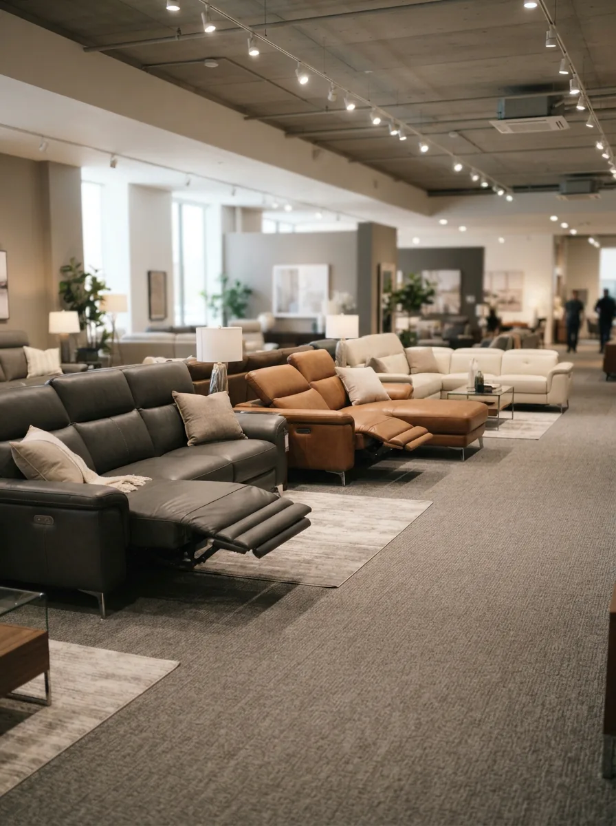 A variety of Gilman Creek leather sectional sofas displayed in a spacious, well-lit showroom.