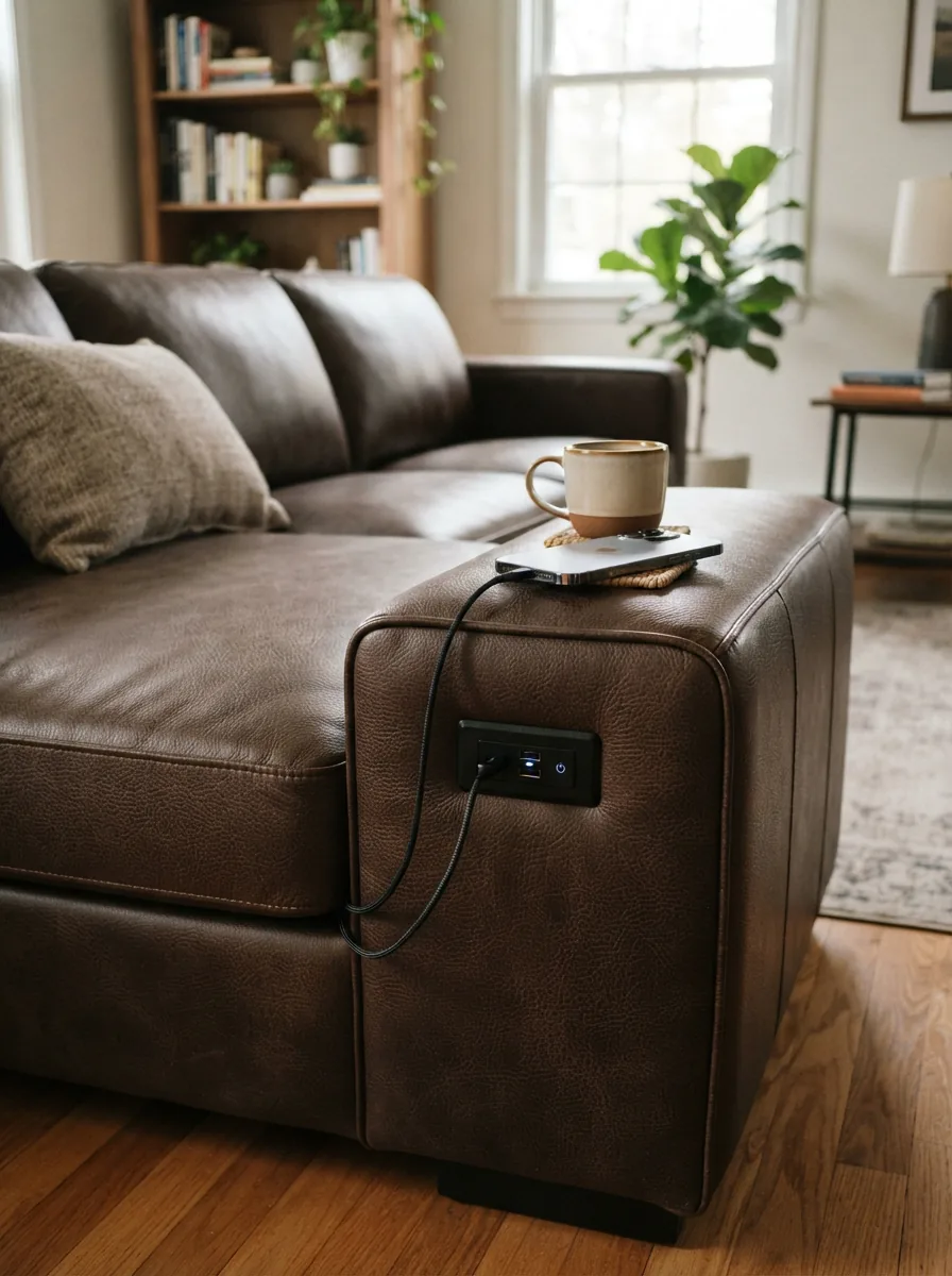 A modular Gilman Creek sectional with visible USB ports in a tech-friendly home office.
