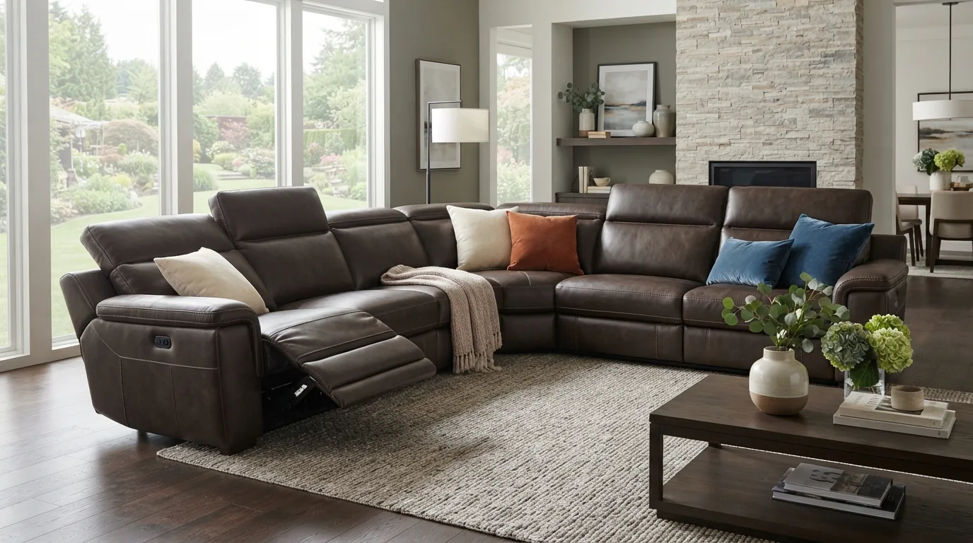 Gilman Creek Premium Leather Reclining Sectional in an upscale living room environment.