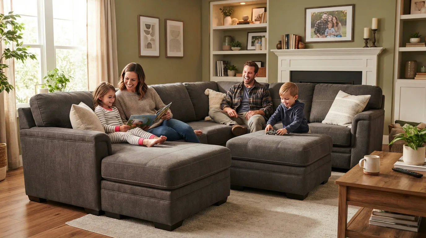 A family in a living room enjoying Gilman Creek furniture