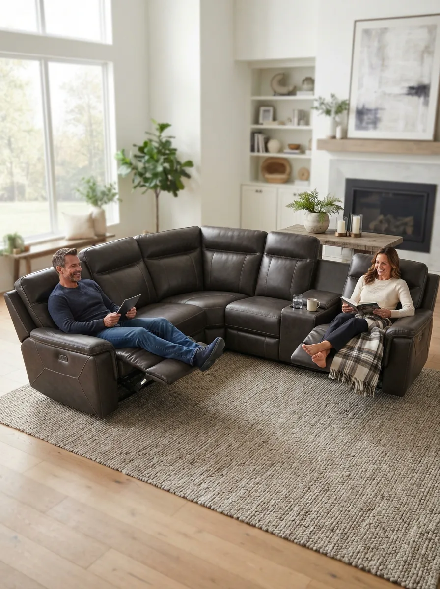 A 6-piece Gilman Creek sectional with dual power recliners, both in reclined position.