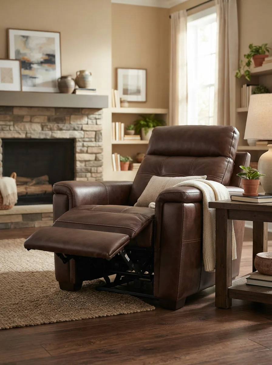 Sanders leather power recliner featuring power headrest in a home setting