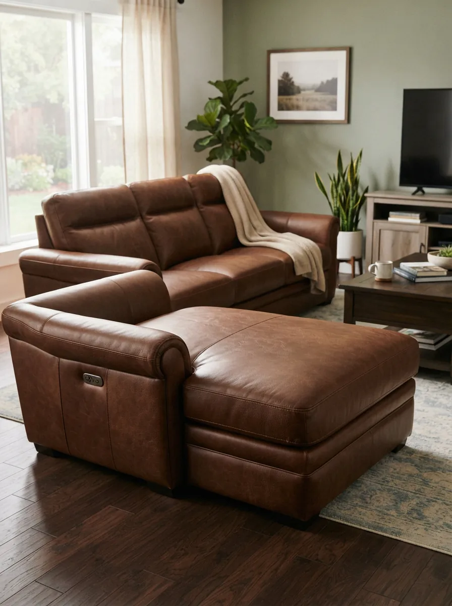 Gilman Creek power reclining sectional with chaise in a family room setting.