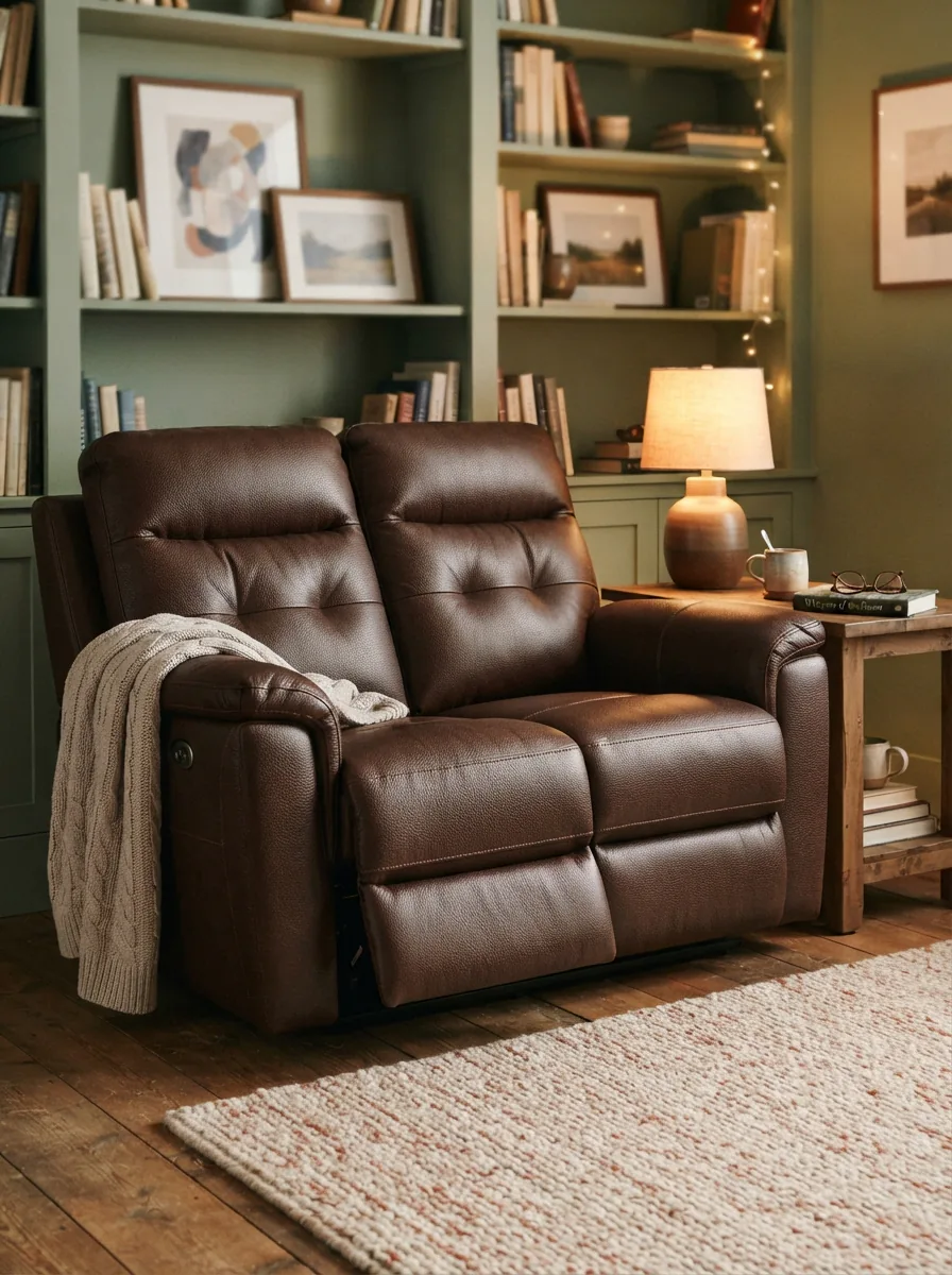 Gilman Creek power loveseat recliner in a cozy reading nook.