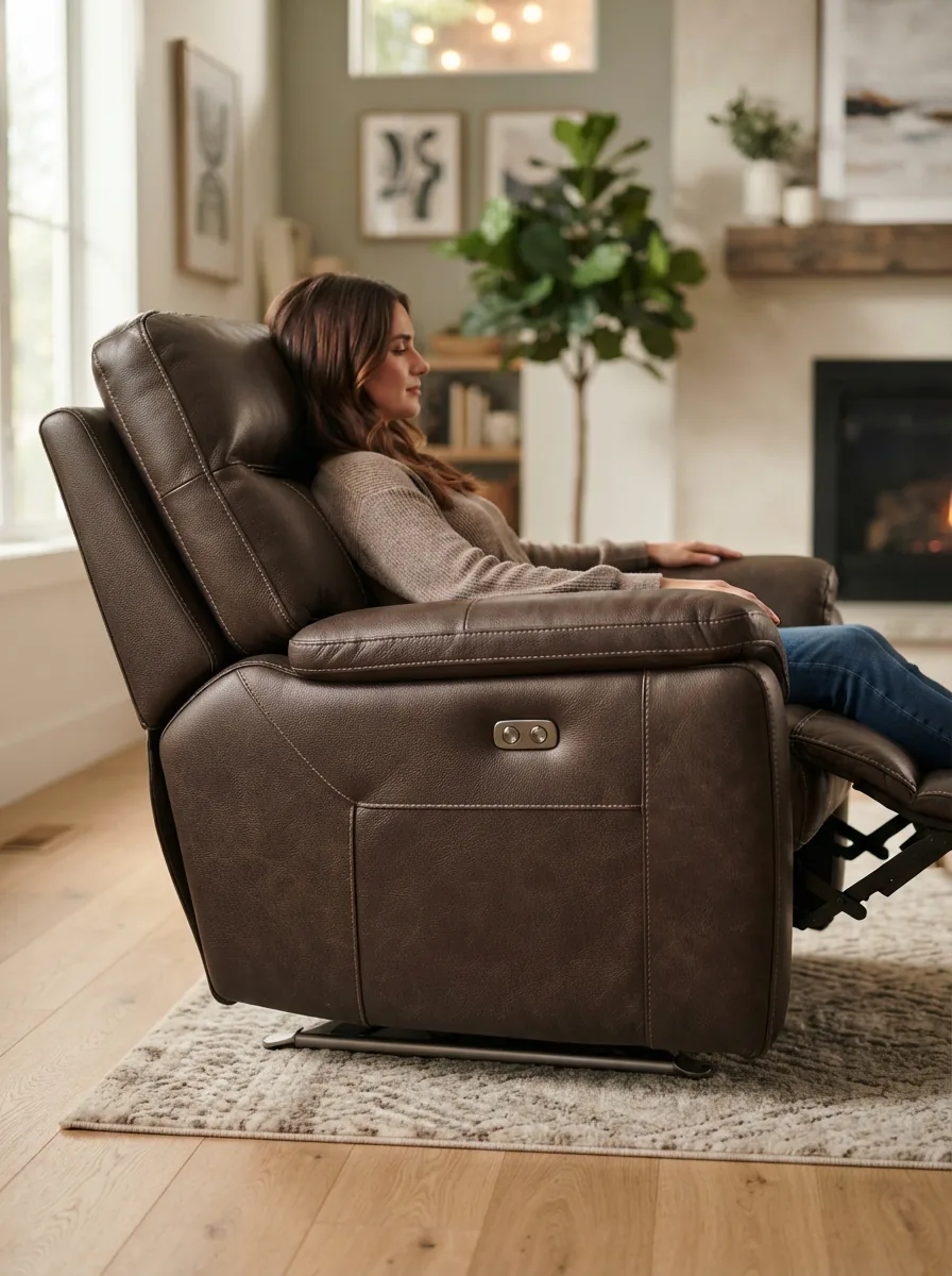 Gilman Creek Shayne Leather Power Recliner in a living room setting.