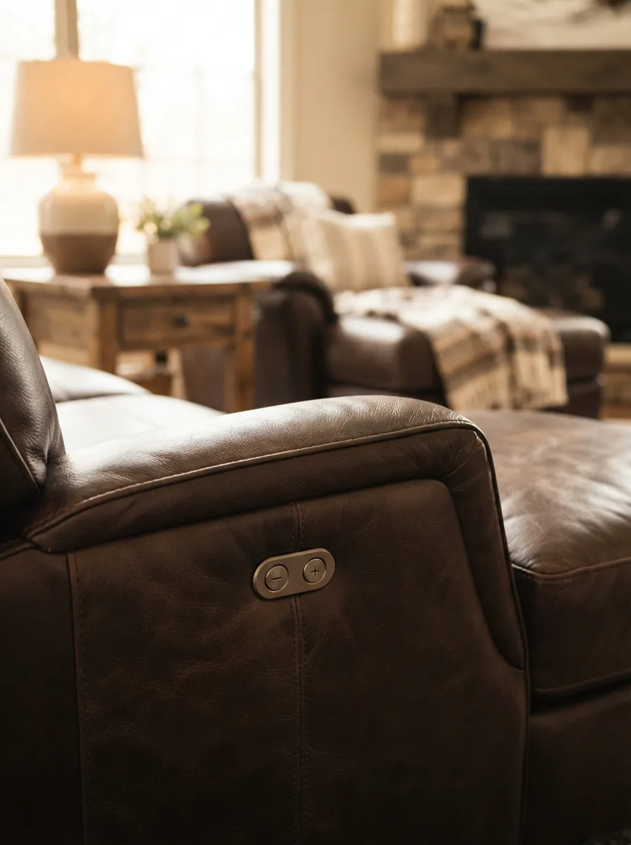Gilman Creek Leather Power Reclining Sectional in a cozy living room with power controls visible.
