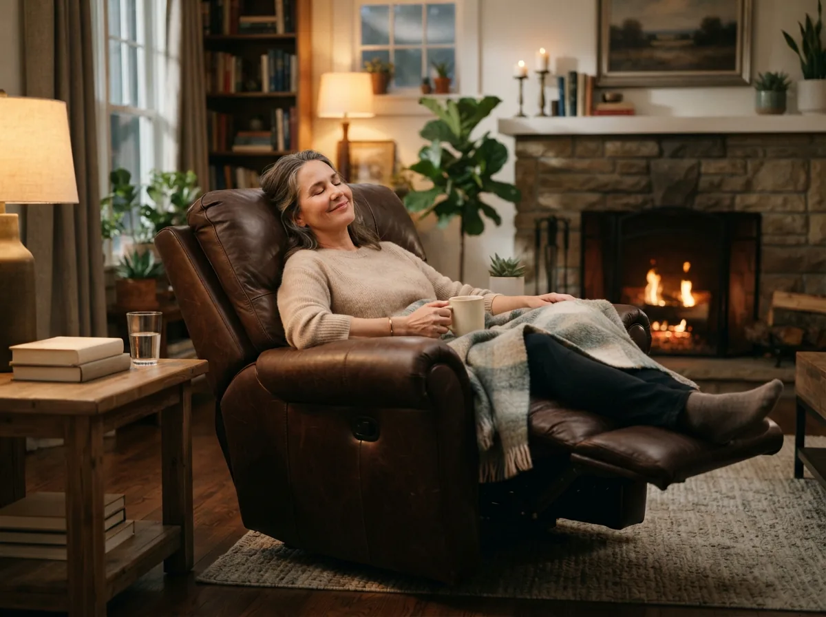A satisfied customer relaxing in a Gilman Creek recliner at home