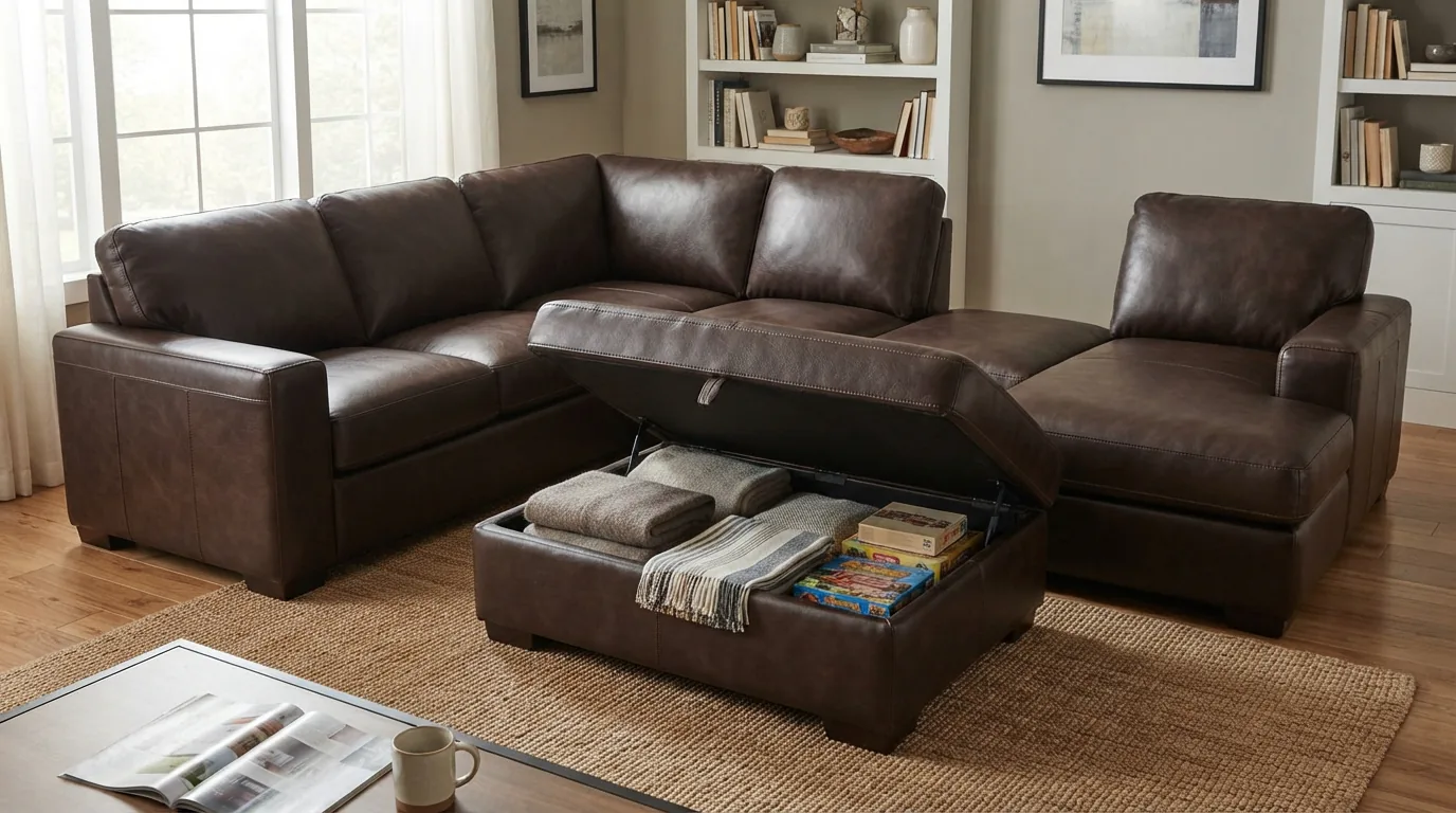 A 4-piece Gilman Creek sectional with storage ottoman in use in a tidy living room.