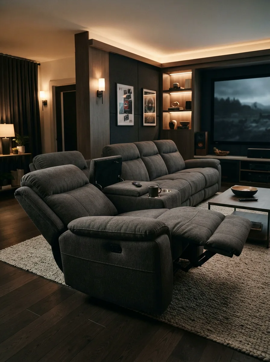Gilman Creek sectional with center console and cupholders in a media room.