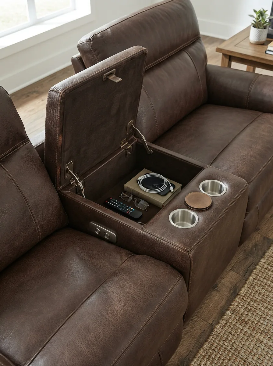 Gilman Creek power reclining sectional with open storage compartments.