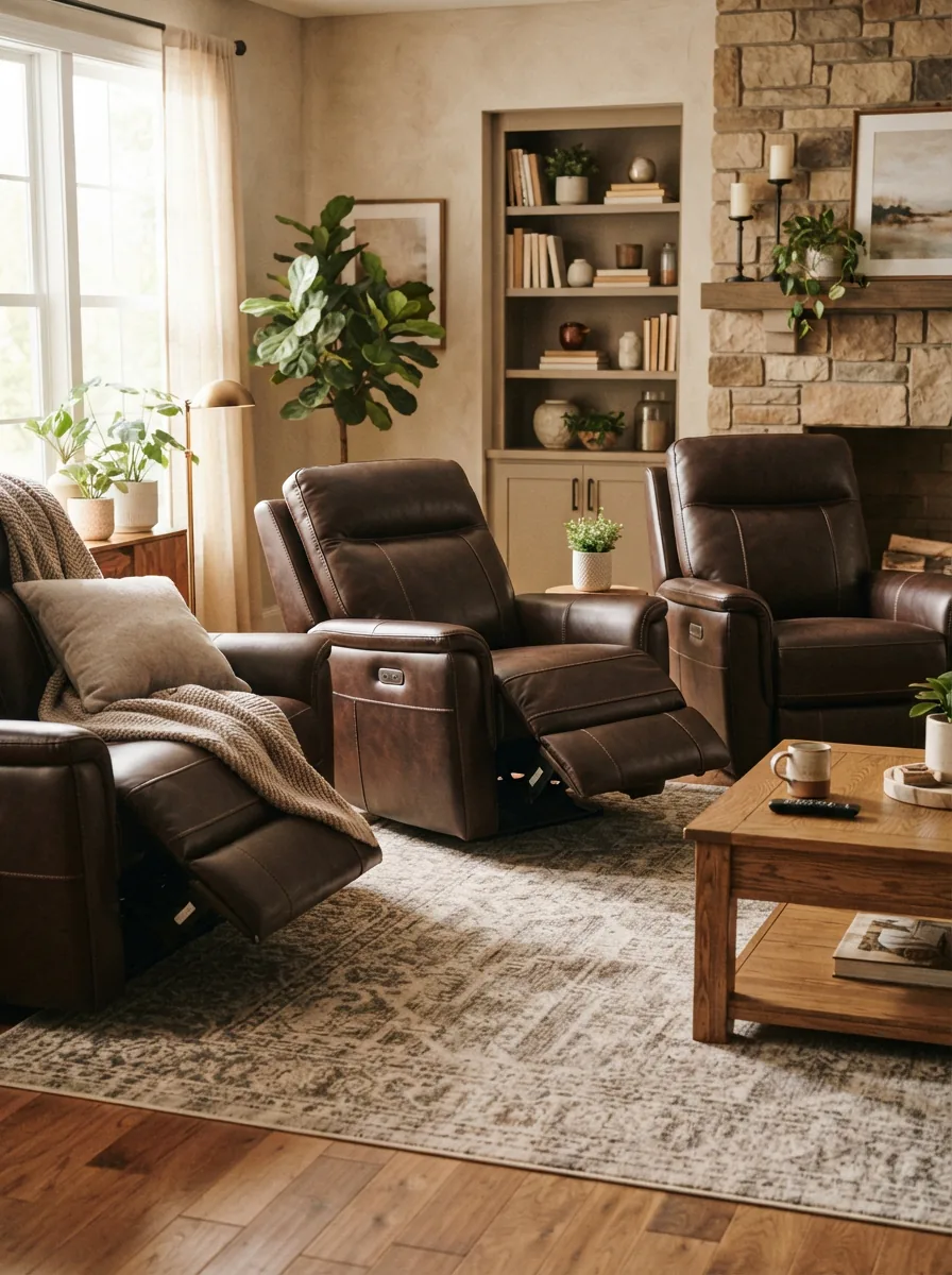Showcase of Gilman Creek leather power recliners in a modern living room setting.