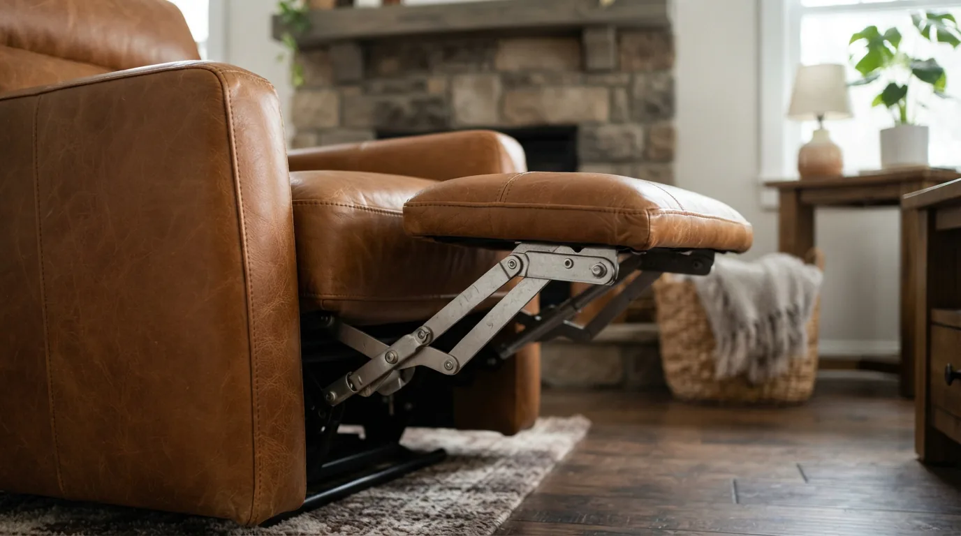 Pioneer leather power recliner with extended footrest in a home setting
