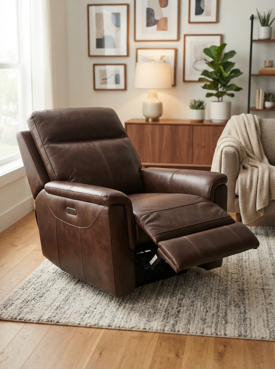 Gilman Creek Sanders Leather Power Recliner in a modern living room setting