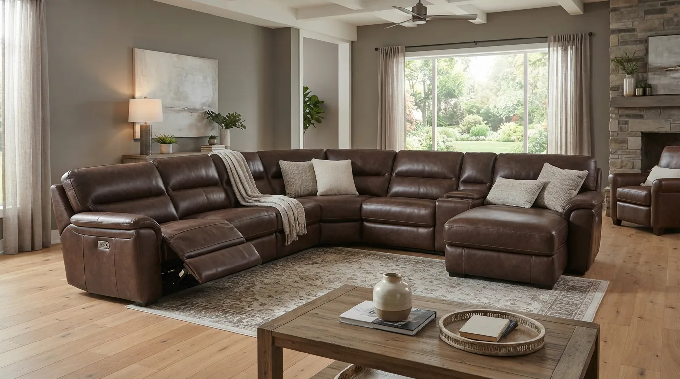 Crestwood leather sectional with two power recliners in a living room