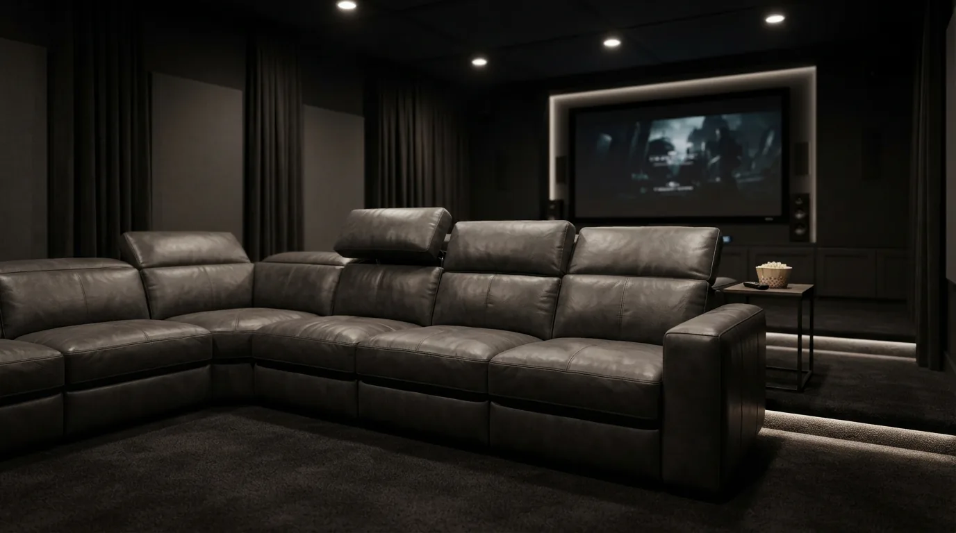 Gilman Creek sectional with adjustable power headrests in a home theater.
