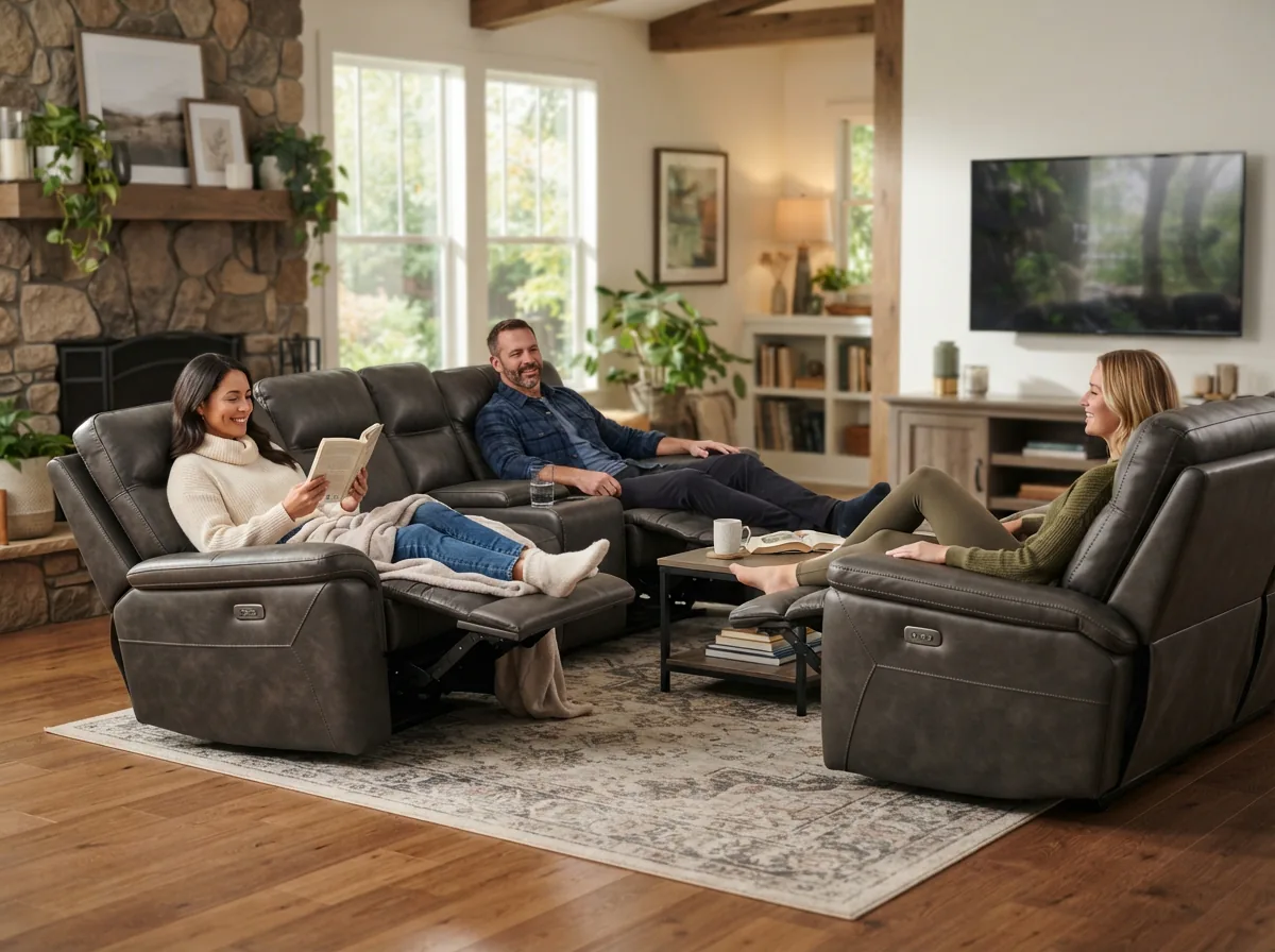 Diverse group of people relaxing on Gilman Creek power recliners in a home environment