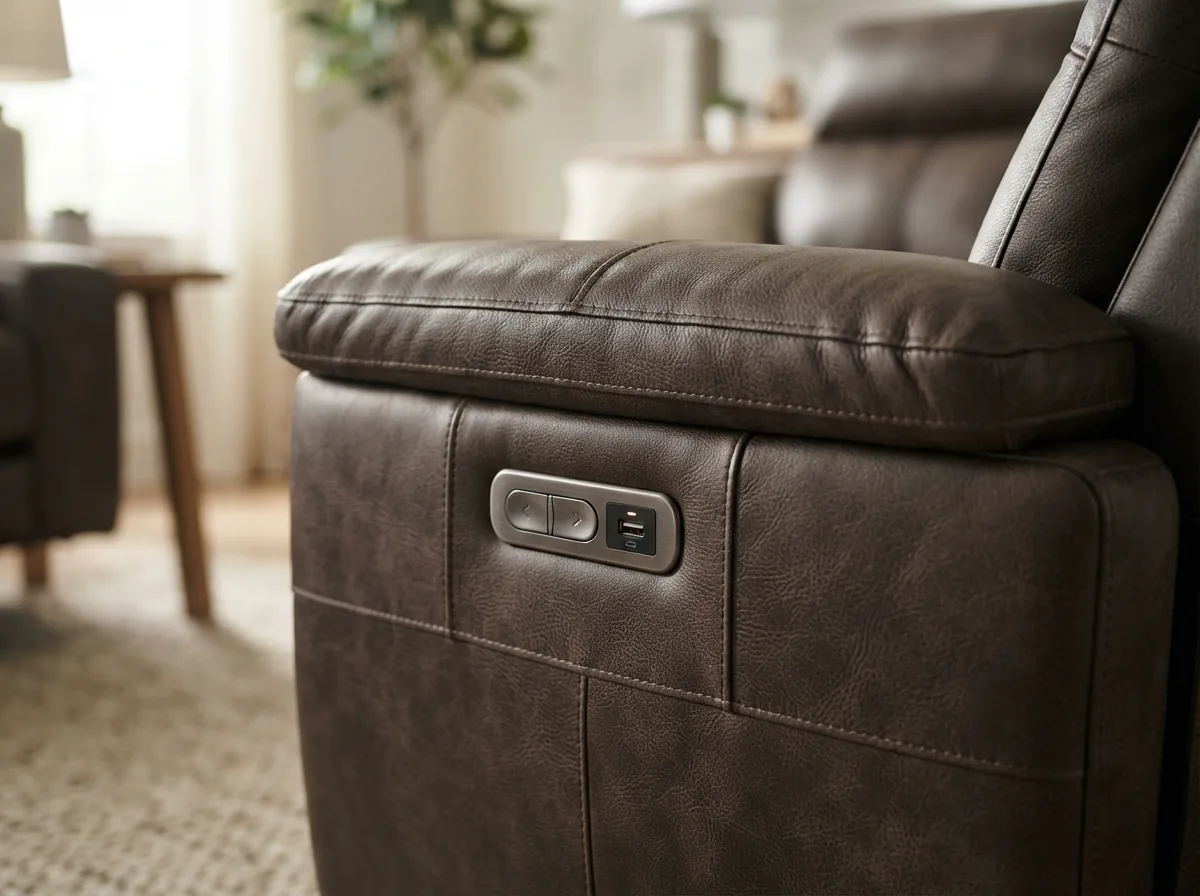 Detailed view of Gilman Creek Sanders recliner features, including leather texture and USB ports