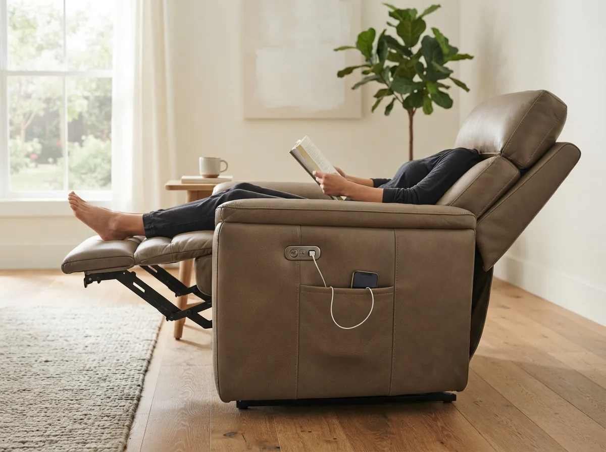 Gilman Creek Sanders recliner in a modern living room, highlighting power features and comfort