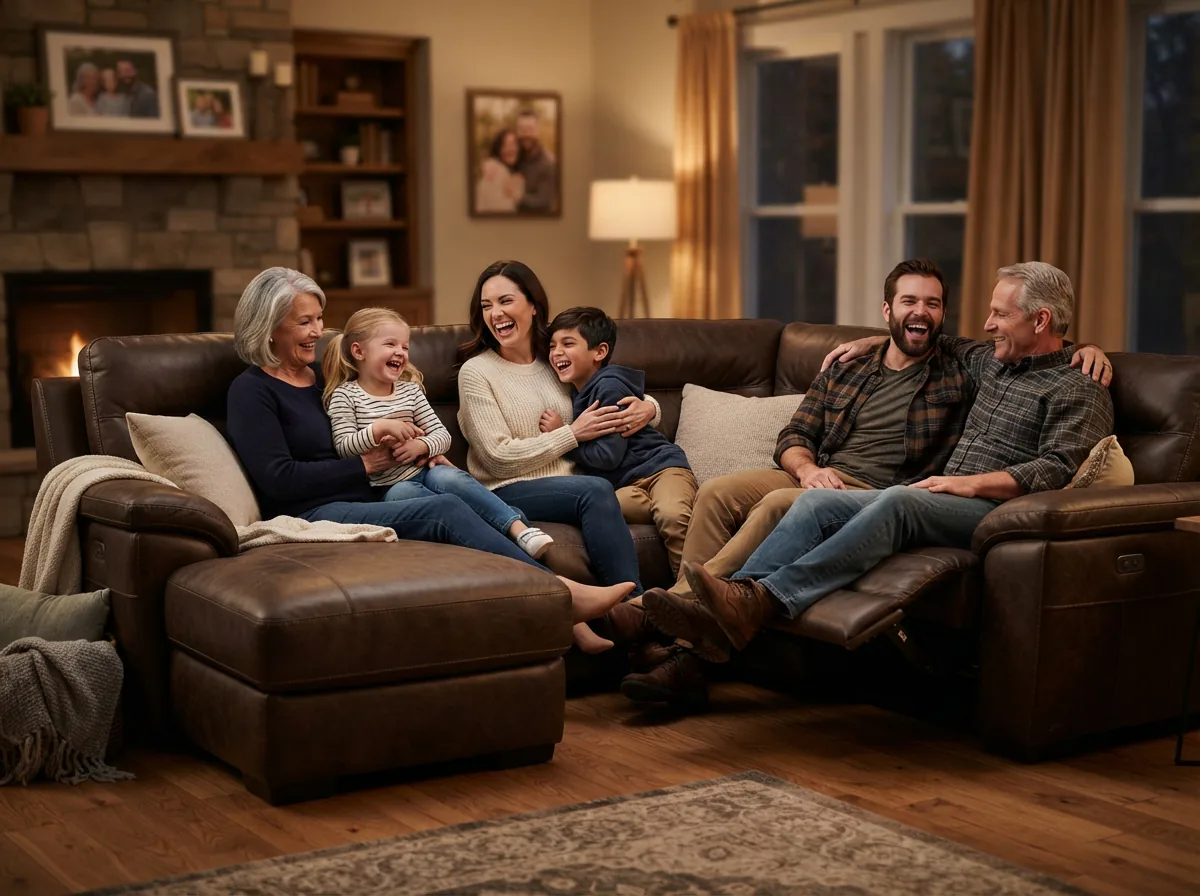 A family enjoying time together on a Gilman Creek power reclining sectional in a living room.