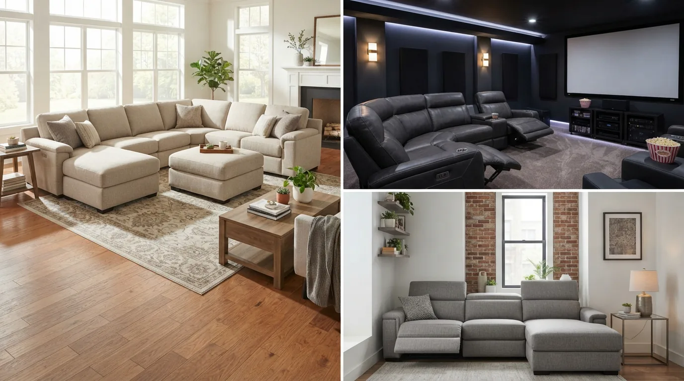 A diverse range of Gilman Creek power reclining sectionals in different home settings, illustrating various use cases.